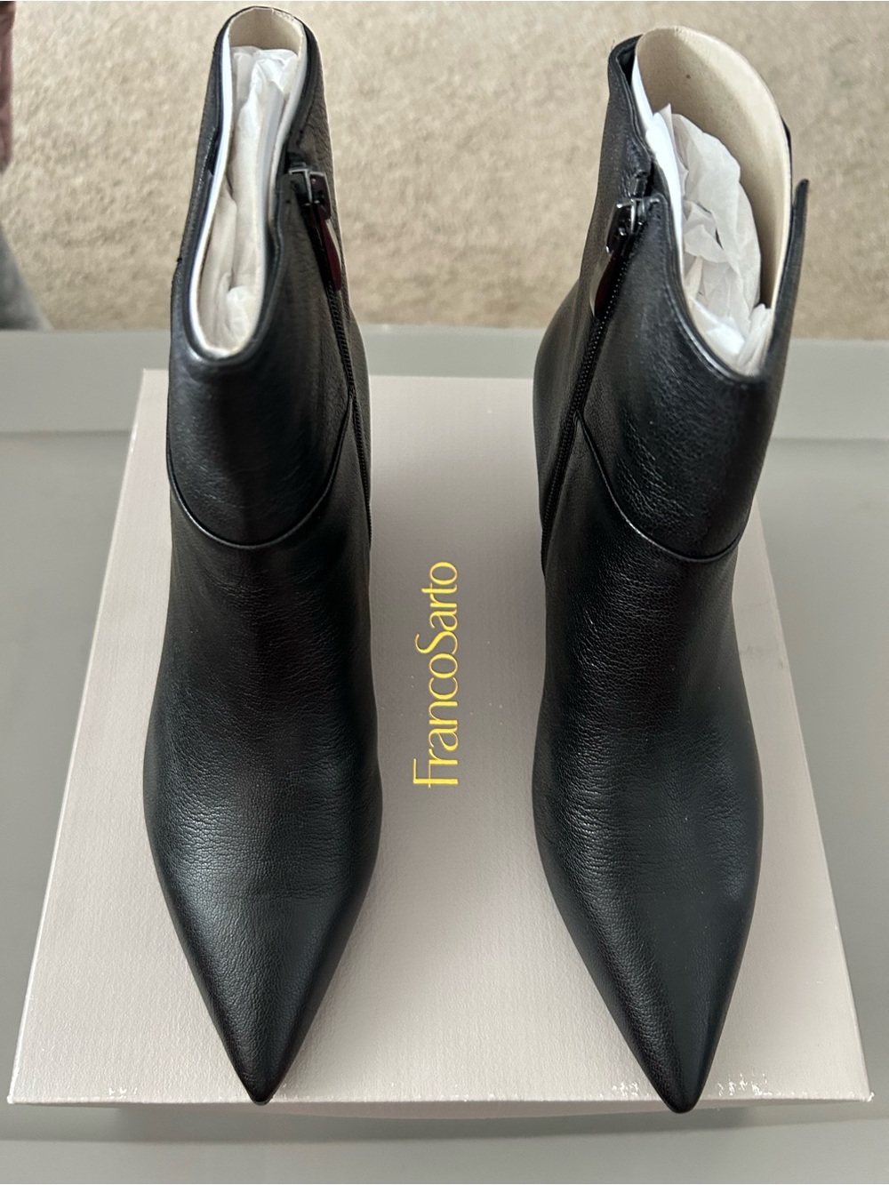 Franco Sarto Black Pointed Toe Leather Booties with Side Zip